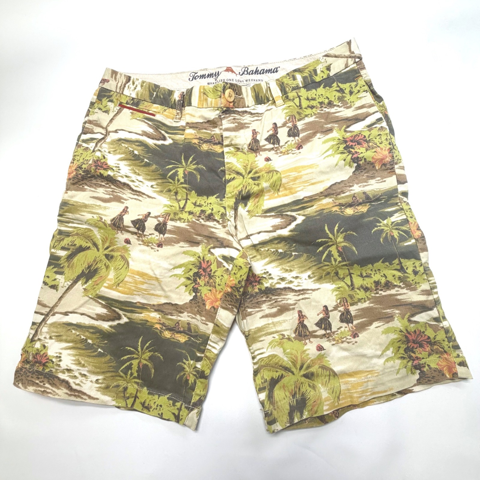 Tommy Bahama Men's 34 Hawaiian Print Shorts Island Hula Scene Stretch